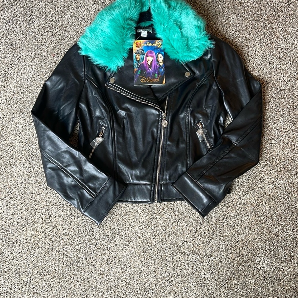 Disney Black Faux Leather Jacket with Teal Fur Collar